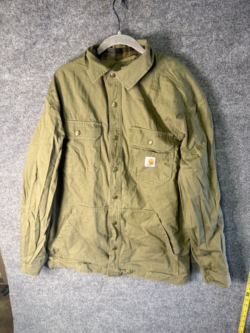 Carhartt Jacket Mens Large Green Canvas Snap Front Workwear Flannel Lined Coat